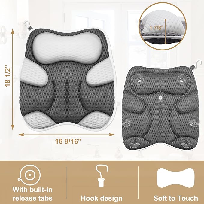 Bath Pillow for Tub Ergonomic Cat Shape Design Bath Pillow for Head and Neck Support SPA Gift Bathtub Pillow 4D Air-Mesh with 7 Suction Cups Washable Gray
