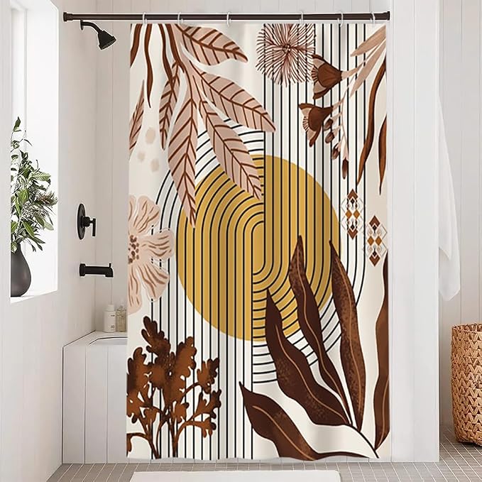 Boho Brown Stall Shower Curtain with Hooks 48x72 Inch | Waterproof Small Abstract Tan Floral and Leaves Bathroom Curtain for Shower Stall, Mid Century Bathroom Decor