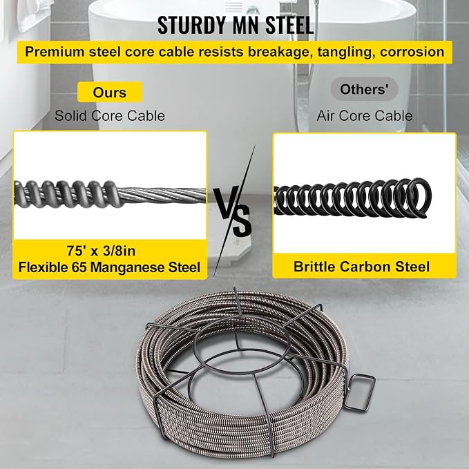 VEVOR Drain Cleaning Cable 75ft x 3/8 inch Solid Core Cable Sewer Cable, Drain Auger Cable Cleaner, Snake Clog Pipe Drain Cleaning Cable W/Four Shapes of Cutters