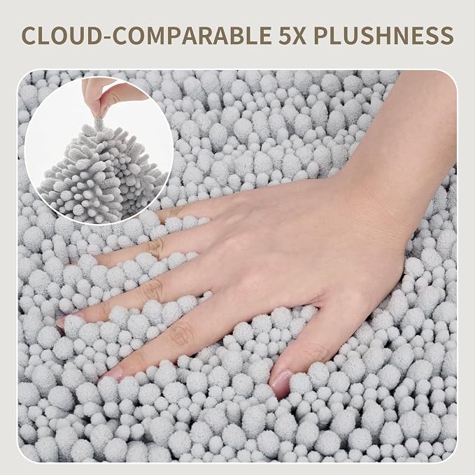 Bathroom Rugs Non Slip Washable 44x24, Extra Thick Soft Chenille Absorbent Bath Mat, High Density Barrier Non Slip Backing, Quick Dry Plush Shaggy Floor Carpet for Tub&Shower, Silver