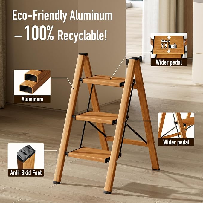 Mayi Plus 3 Step Stool Foldable, Aluminum, Lightweight Step Ladder | Extra-wide anti-slip folding steps with 330 lbs, for home,kitchen,office,outdoor,Woodgrain