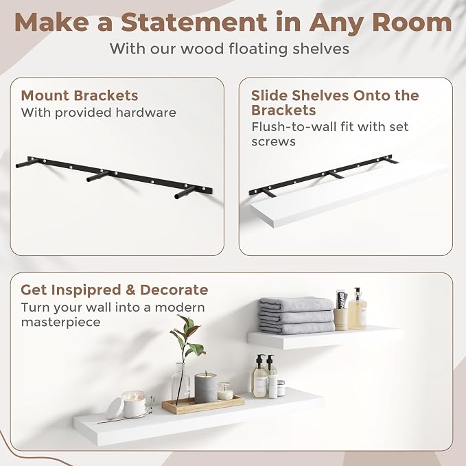 55 Inch Floating Shelves for Wall 2 Pack, 8"D Wood Grain Bathroom Shelves | Invisible Brackets, White Finish, Easy Install | Engineered Wood Storage Shelves for Kitchen, Study, Bedroom
