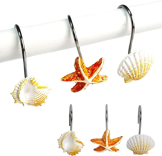 Seashell Shower Curtain Hooks 12pcs Beach Shower Curtain Rings Bath Shower Hooks Rust Proof Curtain Hangers Coastal Bathroom Accessories Decor
