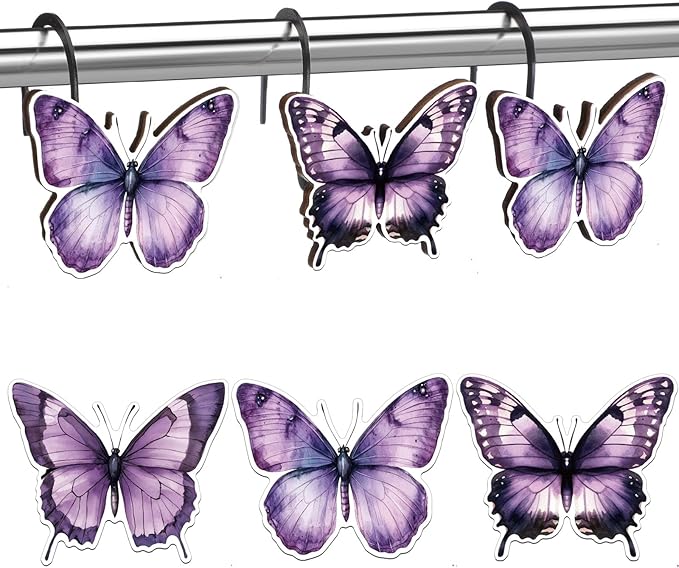 Sawysine 12 Pcs Cow Shower Curtain Hooks Bathroom,Butterfly | Highland Cow Design in 3 Poses, Western Farmhouse Decor for Rustic Bathroom Bedroom, Set Includes Decorative Hangers