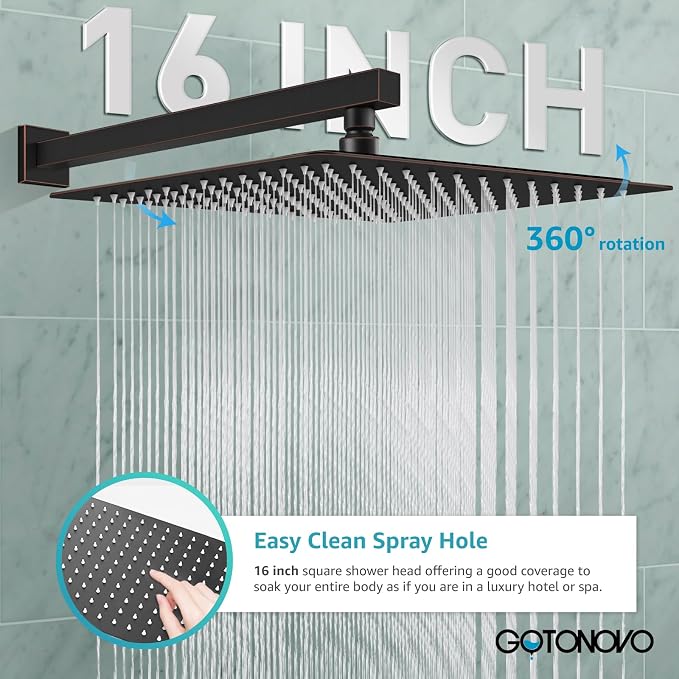 gotonovo Shower Faucet Set with Handheld Spray Oil Rubbed Bronze,16'' Head | SUS304 Rainfall Shower Head and Handle Set System Fixture,Pressure Balance Valve Trim Kit,Single Handle,Wall Mount,All Metal