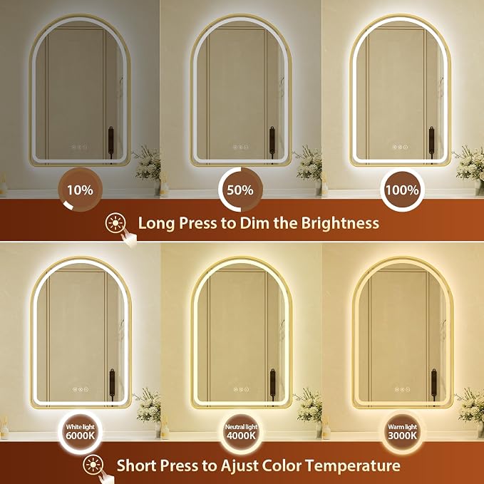 26x40 Inch Arched Gold Framed LED Bathroom Mirror with Lights, Built-in Bluetooth Speaker,Tempered Glass,Dimmable Lighted Bathroom Vanity Mirror with 3 Colors, Backlit + Frontlit, Memory, Anti-Fog