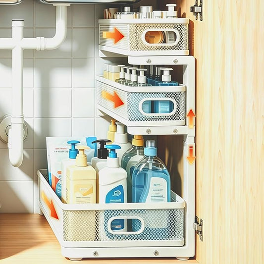 1 Pack 3 Tier Under Sink Organizer with Pull Out Drawer, Height Adjustable Heavy Duty Metal Under Cabinet Organizer, Smooth Sliding Storage Shelf for Kitchen, Bathroom Cabinet Organization, White