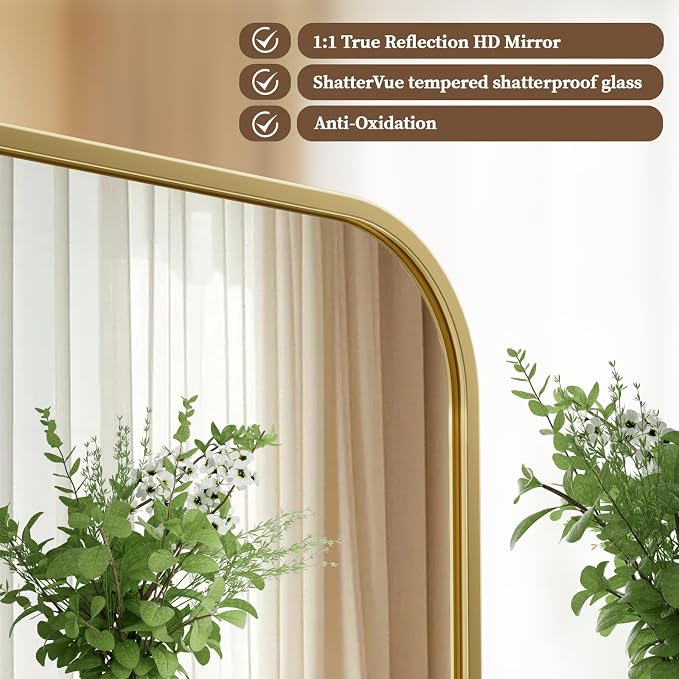BEAUTYPEAK 24" x 36" Rectangular Aluminum Alloy Frame Wall Mounted Bathroom Mirror with Rounded Corners, Gold | Aluminum Alloy Frame with Rounded Corners
