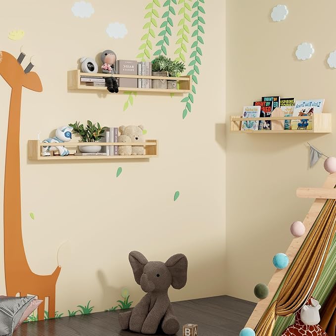 Fixwal Floating Nursery Book Shelves for Wall, 23.6in Set of 3 Natural Wood | Solid wood shelves store kids' books, toys and clothing. Fits kids' room, playroom, nursery, living room, bedroom & bathroom.