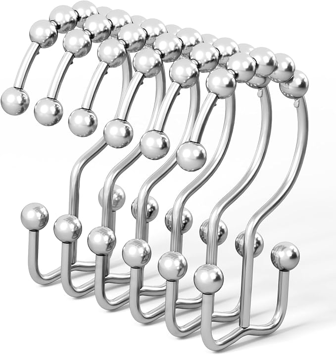 DAWNER Shower Curtain Hooks, Rust Proof Metal Easy Glide Double Rings, Stainless Steel Hangers for Bathroom Curtains, Set of 12, Polished Chrome