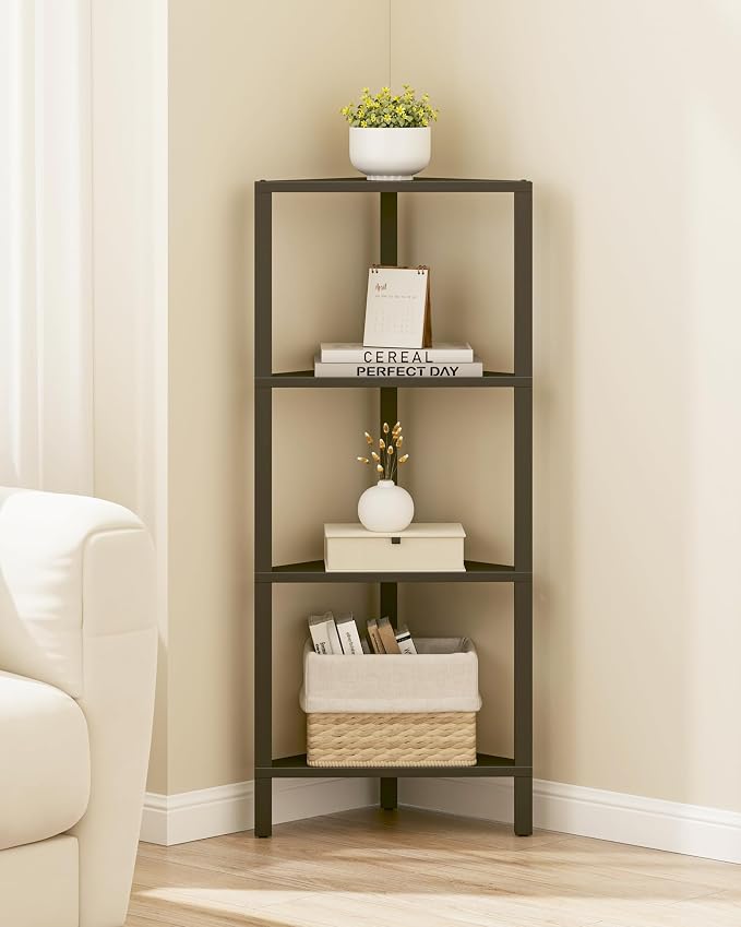 TUTOTAK Corner Shelf, 4-Tier Corner Bookshelf for Small Space | Narrow Display Corner Shelf Stand with Storage Rack, for Living Room, Bedroom, Black BS05BK004