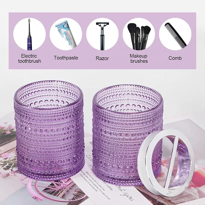 Glass Toothbrush Holder, Purple Bathroom Toothbrush Holder Set, 10oz Bathroom Tumbler Cup, Bathroom Storage Cup Organizer for Tooth Brush, Toothpaste and Makeup Brush