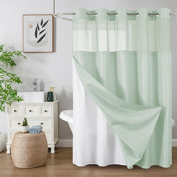 Colorful Star Mint Green No Hook Waffle Shower Curtain Set, 72" W x 75" L | Waterproof Shower Curtain with Snap in Fabric Liner and Mesh Top Window, Hotel Style Heavy Duty Thick Bathroom Curtain