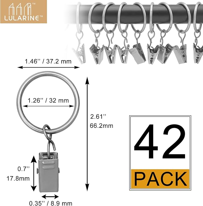 42 Pack Curtain Rings with Clips 1.26" Interior Diameter,Metal Drapery Ring with Clips Compatible with up to 1 inch Drapery Rod,Strong Vintage Decorative Rustproof Drapery Ring with Hooks-Matte Silver