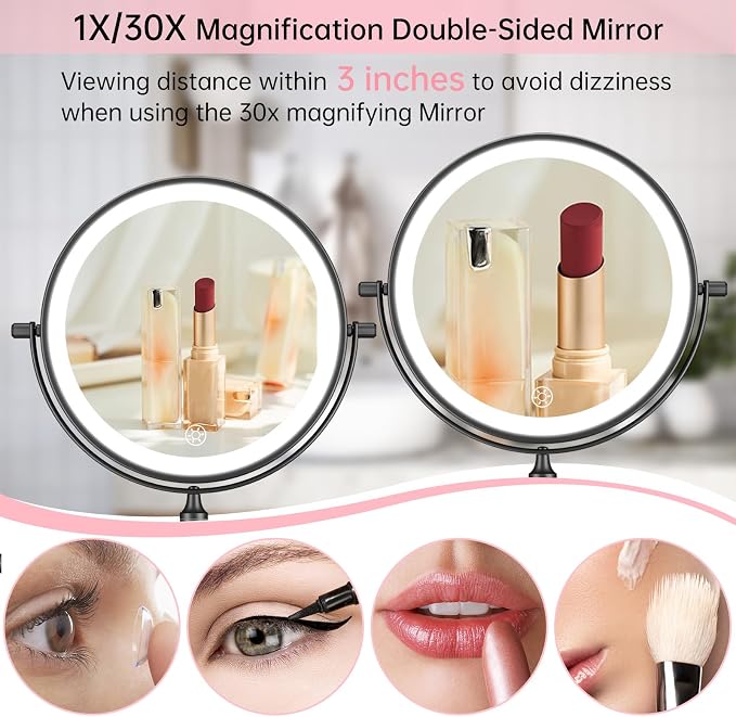 FUNTOUCH 5000mAh Rechargeable Wall Mounted Lighted Makeup Mirror 1X30X | Double Sided 1X 30X Magnifying, 3 Color Lighting, Touch Dimming, Extended Arm 360 Rotation Light up Bathroom Mirror Black