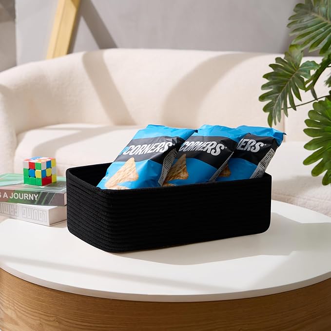 MiniArk Large Shallow Organizing Baskets 15x11x5.1 Inches - Rope Woven Storage Bins for Bathroom, Shelves, Cube Closet, Black 2 Packs