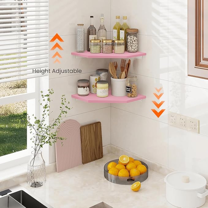 Corner Floating Shelves, Corner Wall Shelf with Cord Hole, 2 Tier Wood Hanging Corner Shelf for Bathroom, Bedroom, Living Room, Pink