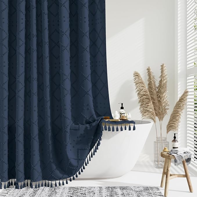 Boho Farmhouse Shower Curtain Tufted Geometric 72"x72" Navy Blue | Elegant Tassel, Soft Lightweight Textured Cloth, Water Repellent, Washable, Hotel Spa, for Bathroom/Dorm/Apartment 12 Hooks