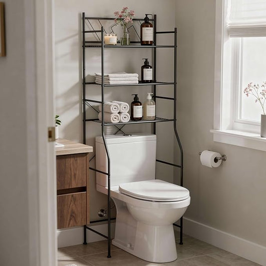Home Zone Living Over-the-Toilet Bathroom Storage Cabinet Organizer | Freestanding Steel Frame Design with 3-Tier Shelves, Wide Stabilizing Base and Adjustable Feet, Black