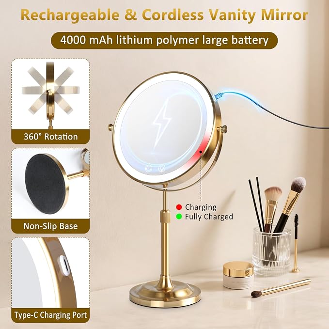 8" Makeup Mirror with Lights,4000mAh RechargeableVanity Mirror,1X/10X Double Sided Magnifying Mirror withAdjustable Height, 3 Colors Stepless Dimming Lighted MakeupMirror,Women Gift,Gold