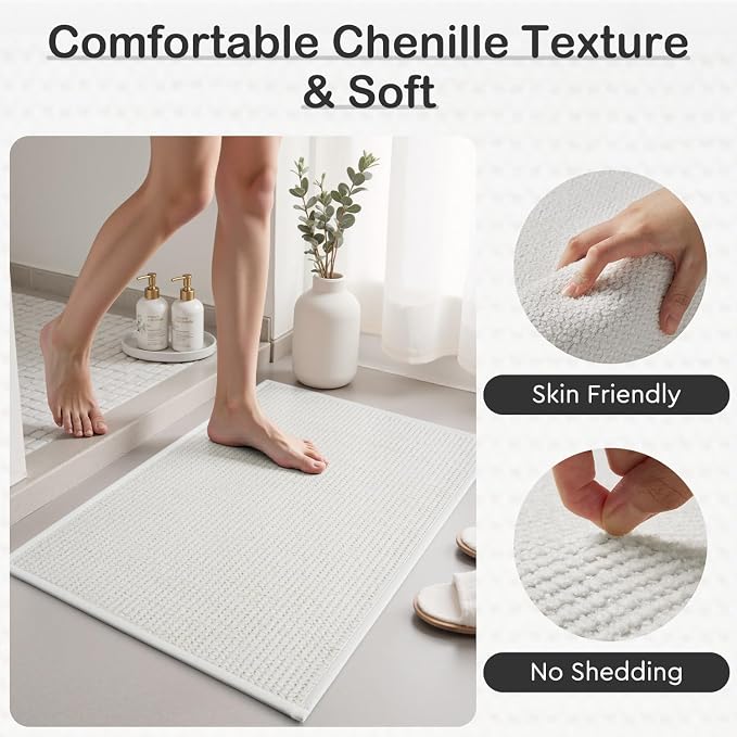 MontVoo Bath Mat,Chenille Absorbent Bathroom Mat Quick Dry Rubber Backed Bathroom Rugs Non Slip Washable Bath Mats,Ultra Thin Bathroom Rugs Fit Under Door,20"x32",White