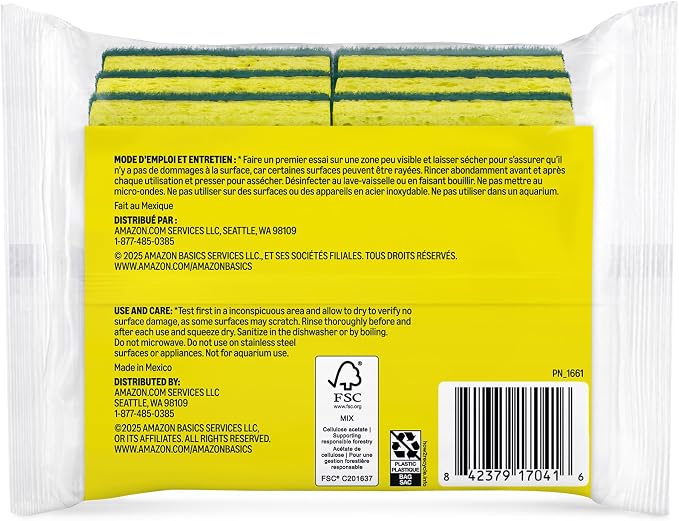 Amazon Basics Heavy Duty Dual-Sided Scrub Sponges, Reusable, 4.4 x 2.7 x 0.8 in, Yellow/Green, (Pack of 12)