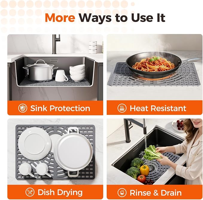 Snuggery Silicone Sink Protector for Kitchen Sink, 19"x13" Rear Drain | Scratch protection, cushions fragile dishes and glassware, dishwasher safe, food-grade silicone, 446°F heat resistant