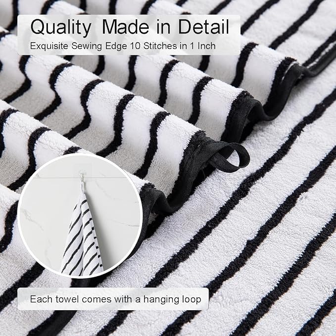2 Piece Black White Cabana Stripe Hand Towels for Bathroom 16"x31" Ultra Soft Breathable Hand Face Towels Highly Absorbent 600GSM Towels Quick Dry Beach Chair Towel for Spa Gym Hotel Travel Camp
