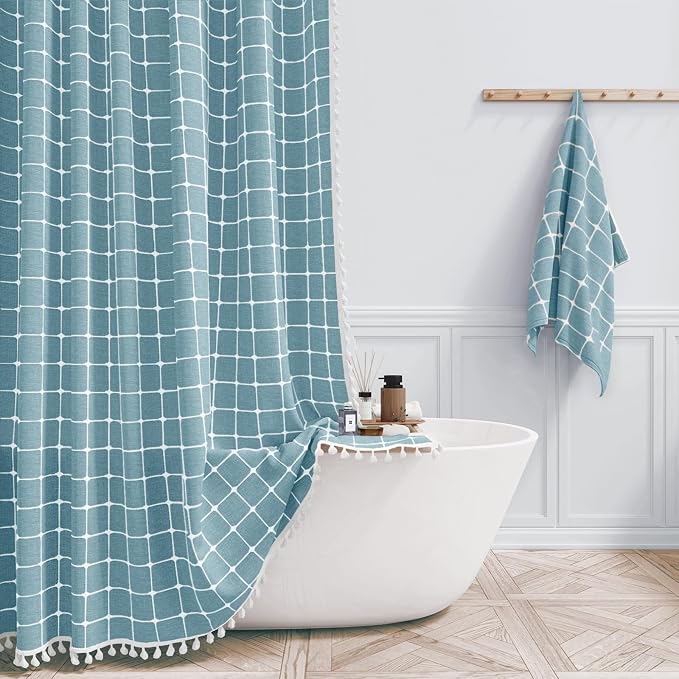 Teal Boho Farmhouse Linen Heavy Duty Shower Curtain, 72x72, Turquoise | 330GSM Linen Blend, Classic Plaid, 3-side Tassels, Water Repellent Fabric, 12 Plastic Hook, Rustic Bohemian, Machine Washable