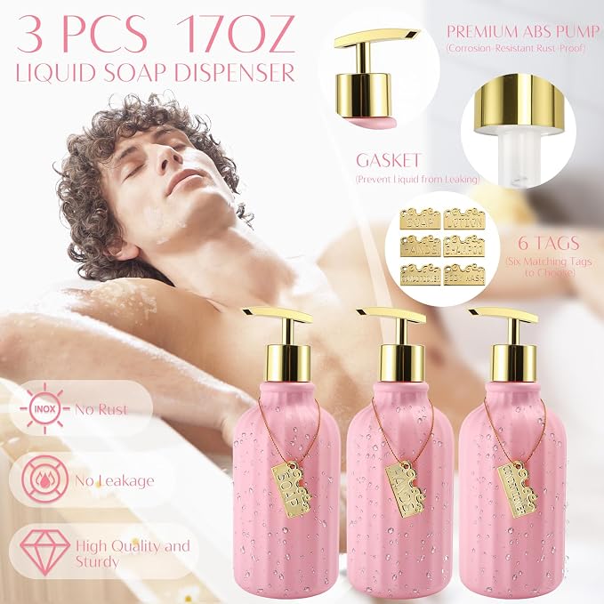 17PCS Bathroom Accessory Set Pink Bathroom Set Bathroom Accessories,Toilet Brush, Trash Can, Qtip Holder Dispenser& 3PCS Soap Dispenser