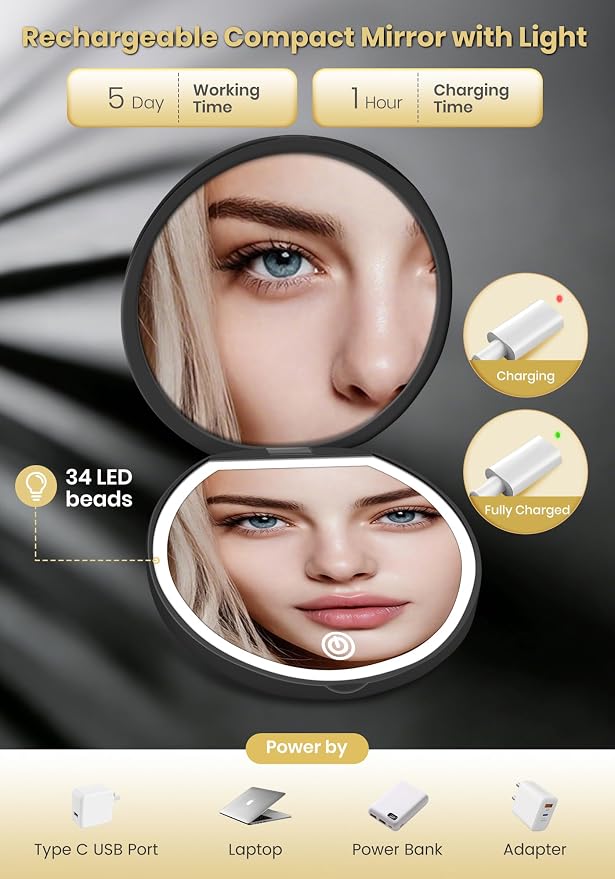 Compact Mirror with Light, Rechargeable 40X Magnifying Mirror with 3 Lighting Modes & Dimmable Brightness, Portable Travel Makeup Mirror; Essentials for Travel, Pocket, Purse Gifts Black