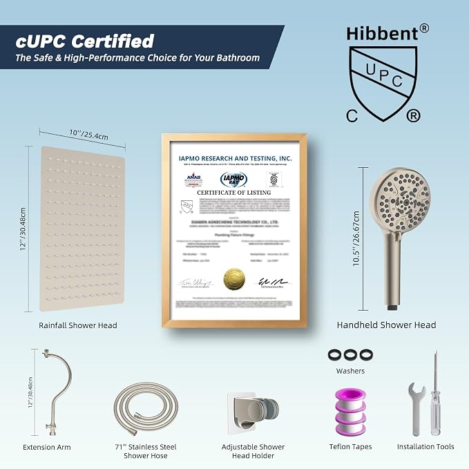 Hibbent 12'' All Metal CUPC Certified Shower Head, High Pressure Rainfall Shower Head, Handheld Showerhead Combo, 12'' Adjustable Extension Arm, 10-Spray, 71'' Hose, Showerhead Holder, Brushed Nickel