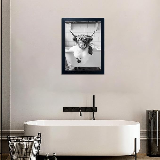 Black and White Bathroom Decor Framed Highland Cow Wall Art Funny Cow Pictures Canvas Print Bathroom Picture Artwork