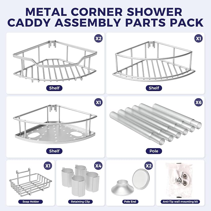 Corner Shower Caddy Tension Pole, 4-Tier Fan-Shaped Adjustable Rustproof Bathroom Organizer Shelves, 47"-125'', No-Drill Quick Installation for Inside Shower, Bathtub, Sliver (SILVER)