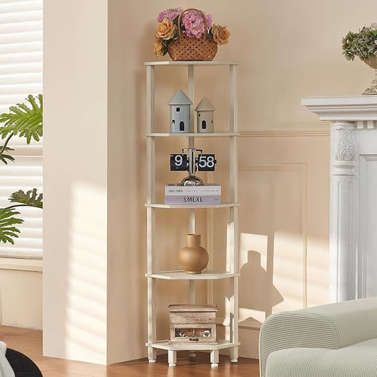 YUFAM 5-Tier Corner Shelf, Grey White | Wooden Corner Bookshelf for Small Spaces, Corner Standing Shelf with Sturdy 5-Leg Base
