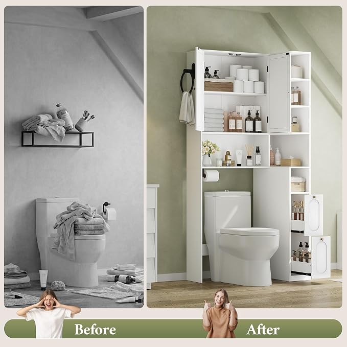 7-Tier L-Shaped Wooden Over the Toilet Storage Cabinet with Doors, Modern Over Toilet Bathroom Organizer Shelf with 2 Large Drawers, Bathroom Over Toilets Storage Cabinet, Space Saver, White