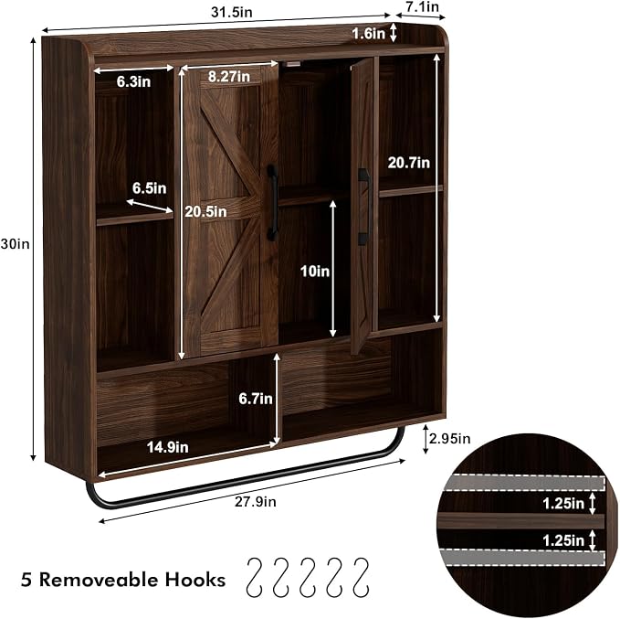 RUSTOWN Rustic Bathroom Wall Storage Cabinet with 2 Barn Doors, Dark Walnut | Farmhouse Medicine Cabinet, Wall Mounted, Space Saving, 3-Tier Adjustable Shelves, Towel Bar, 5 Hooks