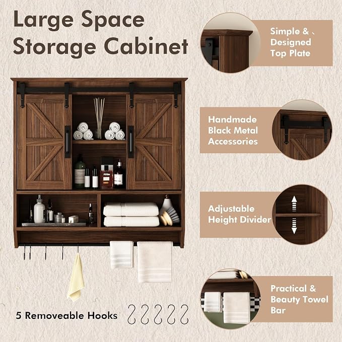 RUSTOWN Farmhouse Bathroom Wall Storage Cabinet with Sliding Barn Doors | 3-Tier, Rustic Wood Wall Mounted Cabinets, Vintage Medicine Cabinet, Adjustable Shelves, Over The Toilet Storage Cabinet