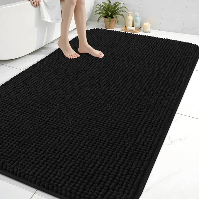 Arotive Chenille Bathroom Rugs 70x46, Soft Absorbent Bath Mat, Black | Rubber Backing, Machine Washable Dry Bath Mats for Bathroom Floor, Tub and Shower, Home Decor Accessories