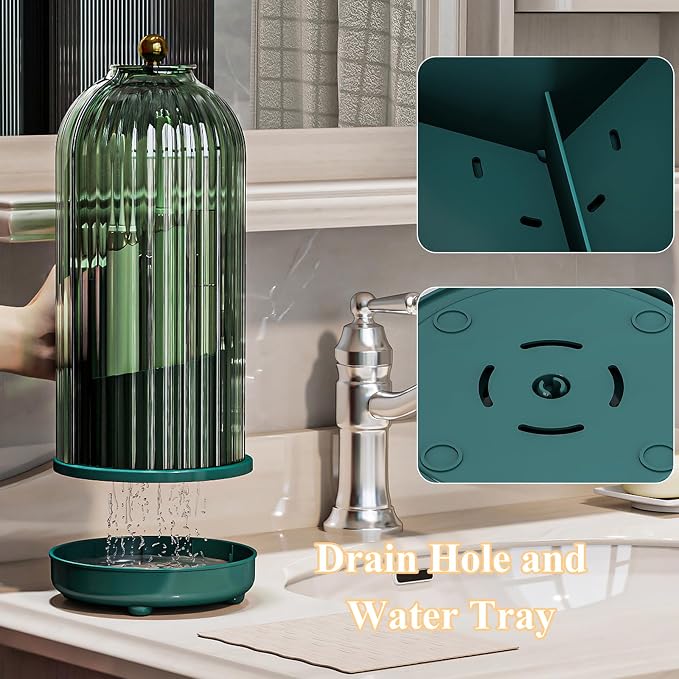 Drainable Toothbrush Toothpaste Holders with Cover, Green | Drainage Holes, Waterproof and Dustproof, 360° Rotating Base, Sliding Door, for Bathroom Counter