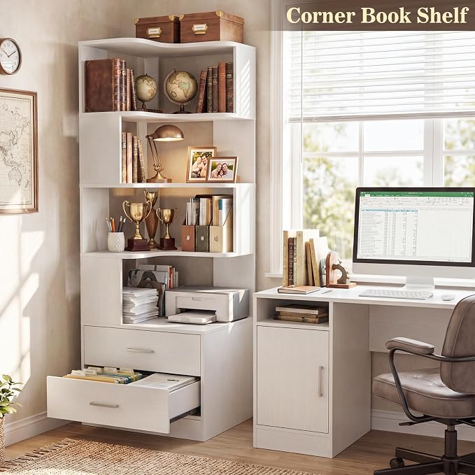 Corner Book Shelf with Drawers, Small Corner Shelf with Drawers | L Shaped BookShelf 6-tier Bookcase for Bedroom Storage, Living Room, Home Office, Kitchen Pantry, White