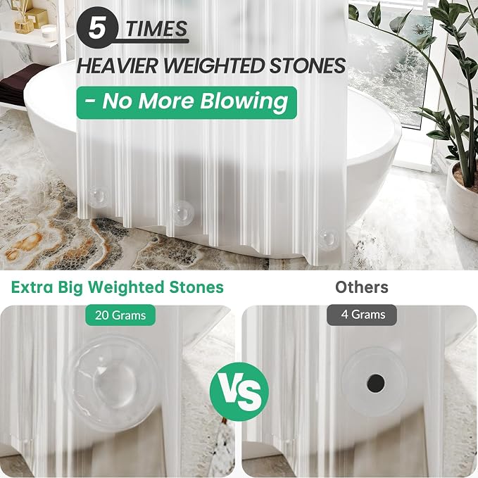AmazerBath Plastic Shower Curtain, 60 x 72 Inches PEVA Heavy Duty Clear Shower Curtain, Waterproof Heavy Weight Thick Bathroom Curtain with 3 Big Clear Weighted Stones and 10 Rustproof Grommet Holes