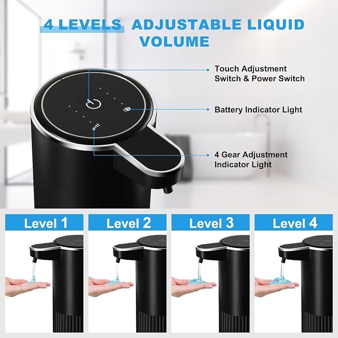RYTOXILO Automatic Soap Dispenser, 1 Pack Black Touchless Liquid Soap Dispenser for Bathroom, 13.5 Fl Oz Plastic Electric Auto Dish Soap Dispensers Wall Mount for Kitchen with Adjustable Volume