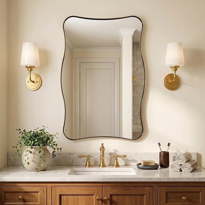 Gold Mirror, 24x36 Scalloped Bathroom Mirror, Brushed Gold Wavy Mirror with Anti-Rust Stainless Steel Frame, Unique Rectangle Mirror with Squiggly Design, Wall Mounted Horizontal/Vertical