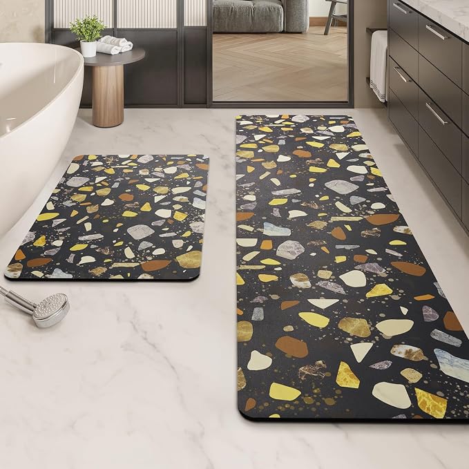 MontVoo -Bath Mat-Non Slip Thin Bathroom Rugs Fit Under Door- Quick Dry Absorbent Faux Suede Surface Grey Bathroom Floor Mats-Shower Rug for in Front of Bathtub Shower Black & Multi Color 16x24