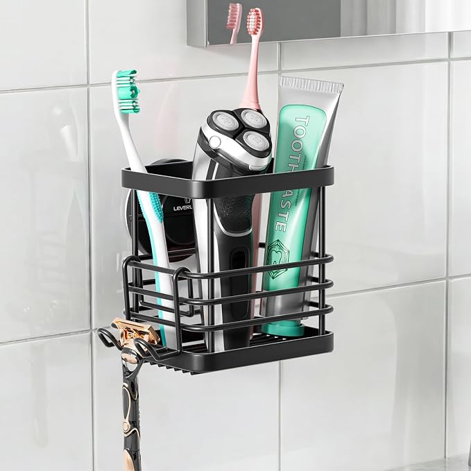 Powerful Suction Cup Stainless Steel Toothbrush Holders, Black | Removable Shower Tooth brush and Toothpaste Holder, Strong Suction Up to 11lbs, Anti-Puddling ,No Drill Bathroom Organizer