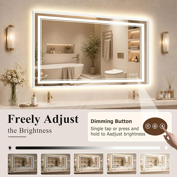 36"x60" LED Bathroom Mirror with Lights, Backlit + Front Lit, Anti-Fog | Lighted Bathroom Mirror with One-Piece Aluminum Alloy Frame, HD Shatterproof Tempered Glass, Dimmable, Memory Function