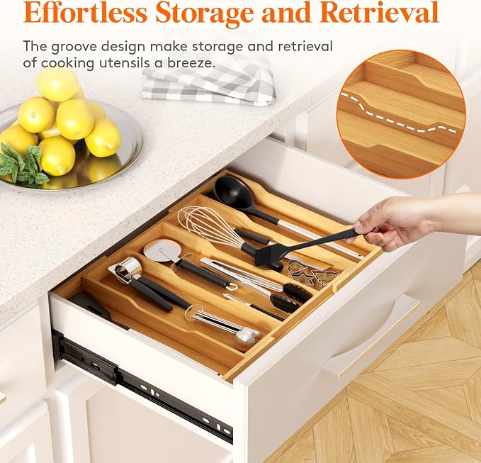 Lifewit Utensil Organizer for Kitchen Drawer, Expandable Cooking Utensil Tray, Cutlery Silverware Flatware Holder, Wood Adjustable Spatula Tools Storage Divider, 12.6-22.8x14/ 32-58x35.6cm, Natural | Expandable Cutlery Silverware Flatware Holder, Wood ...