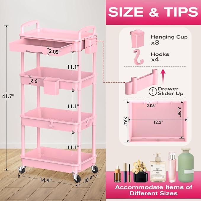 Goovilla Rolling Makeup Organizer Cart with Removable Drawer, 4 Tier Pink | Stable Floor Skincare Storage Cart for Vanity, Cosmetic Display, Nail Polish, Perfume, Hair Stuff, Beauty, Bathroom(Plastic)