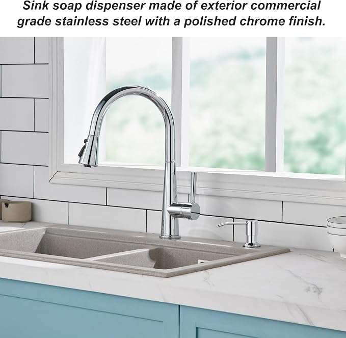 Soap Dispenser for Kitchen Sink, Wardock Built in Soap Dispenser Chrome | Stainless Steel Refill from The Top Polished Chrome Kitchen Sink Soap Dispensers with 17 OZ Soap Bottle
